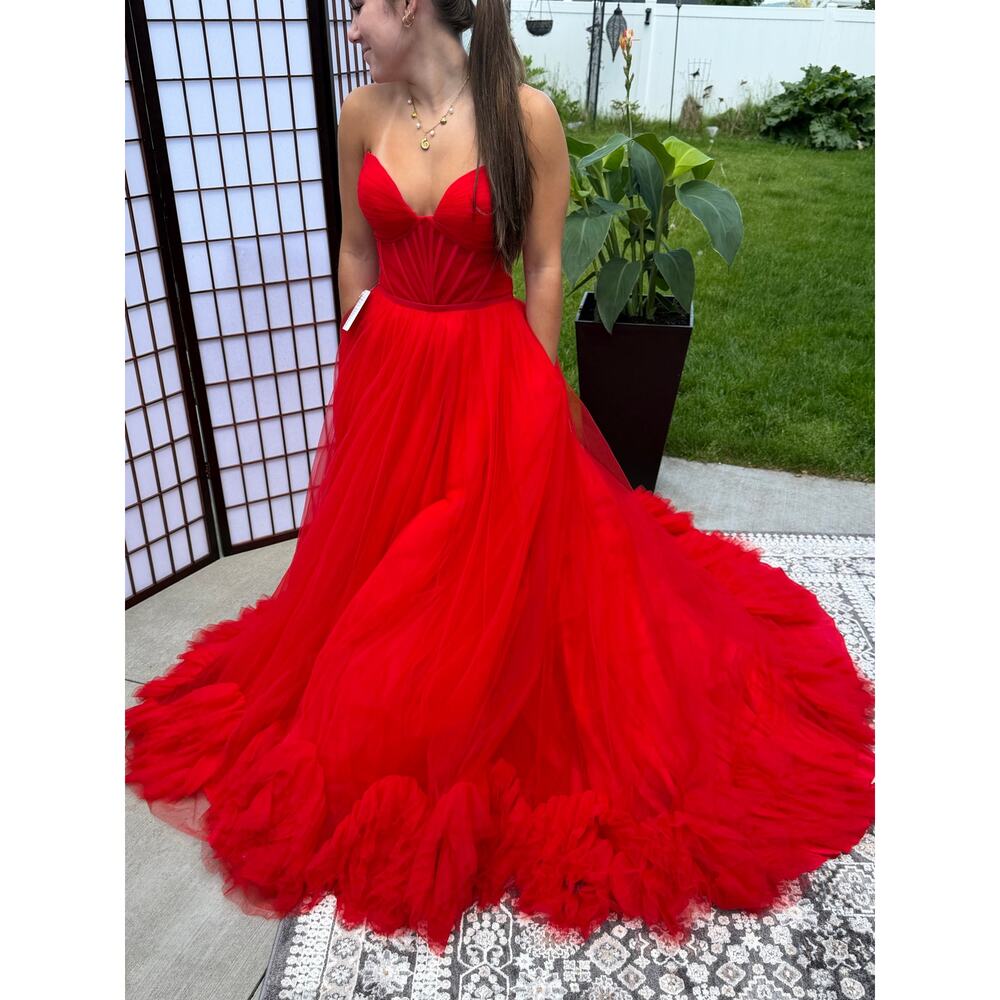 NWT Designer Red Couture Tulle Ball Gown Floral Strap Size 2